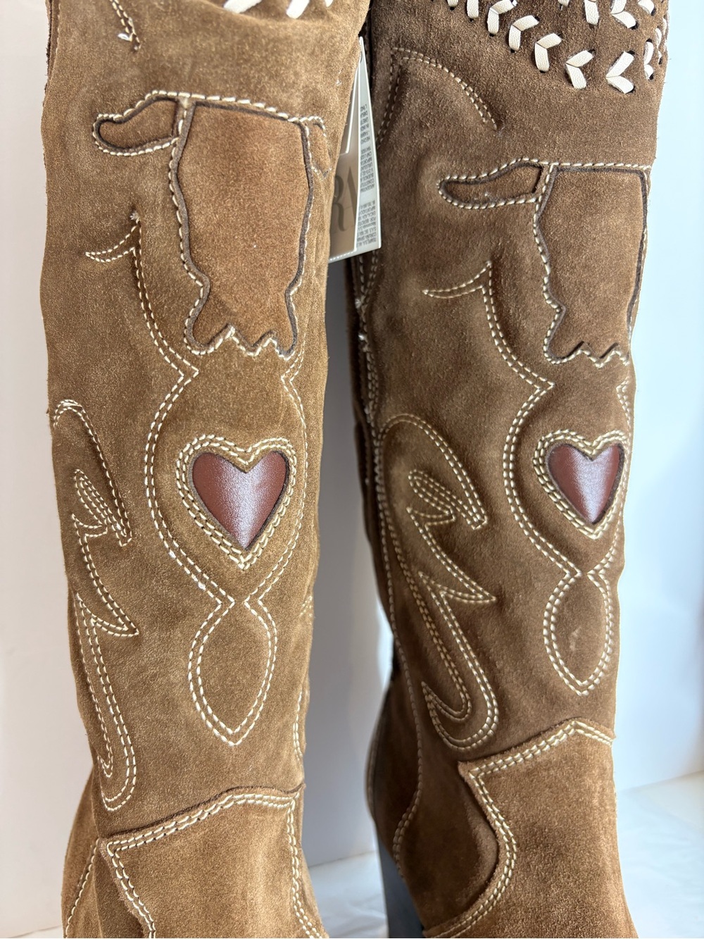 Zara Brown Suede Western Boots with quilted western Heart Detail - Picture 11 of 13